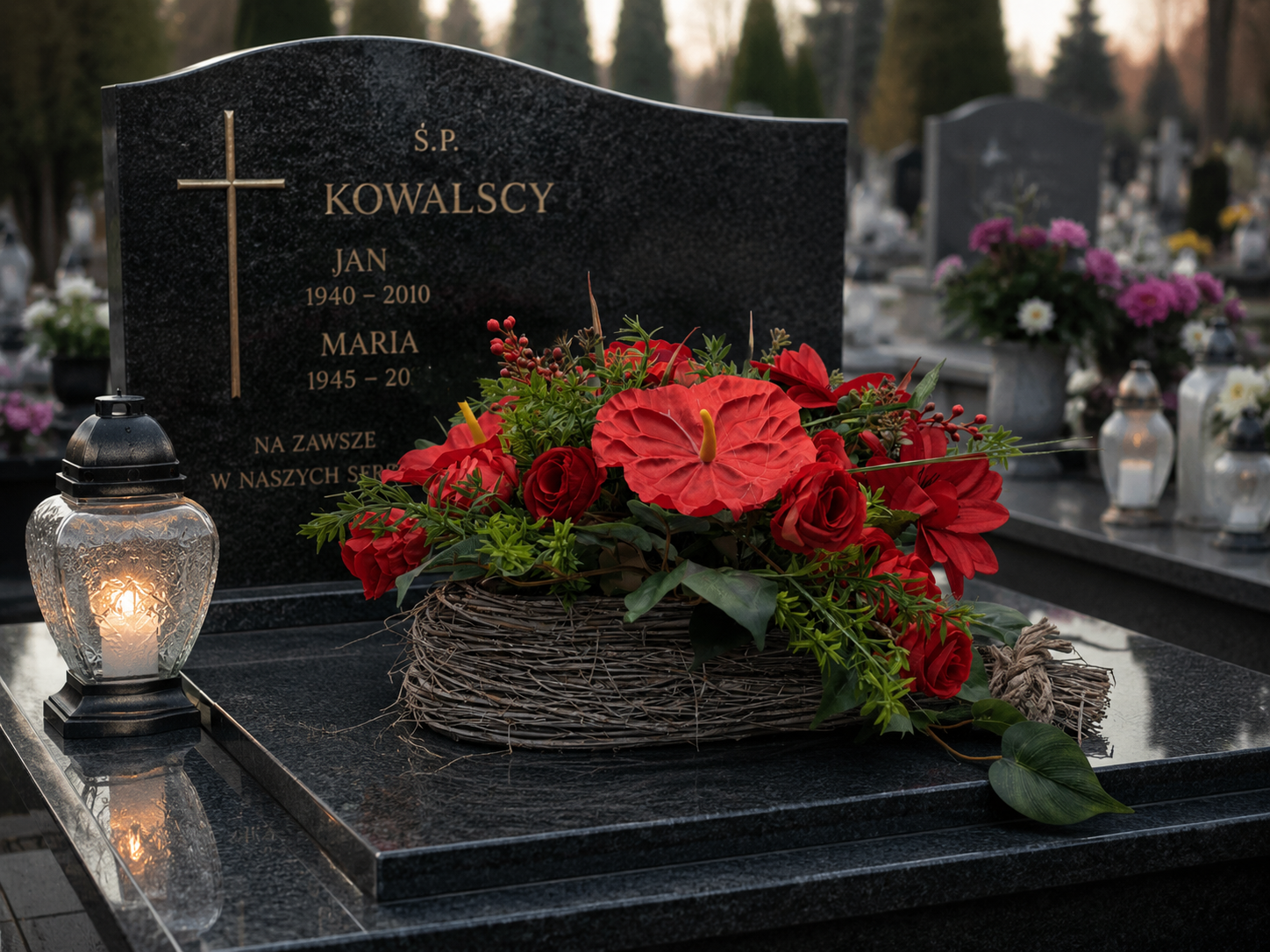 Stroik Kompozycja Anturium Czerwone Róże w Osłonce z patyków w kształcie serca (2).png
