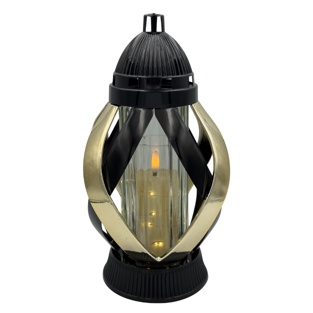 Znicz szklany Nowoczesny czarno-złoty lampion na grób Wstęga Metalizowana (4).png