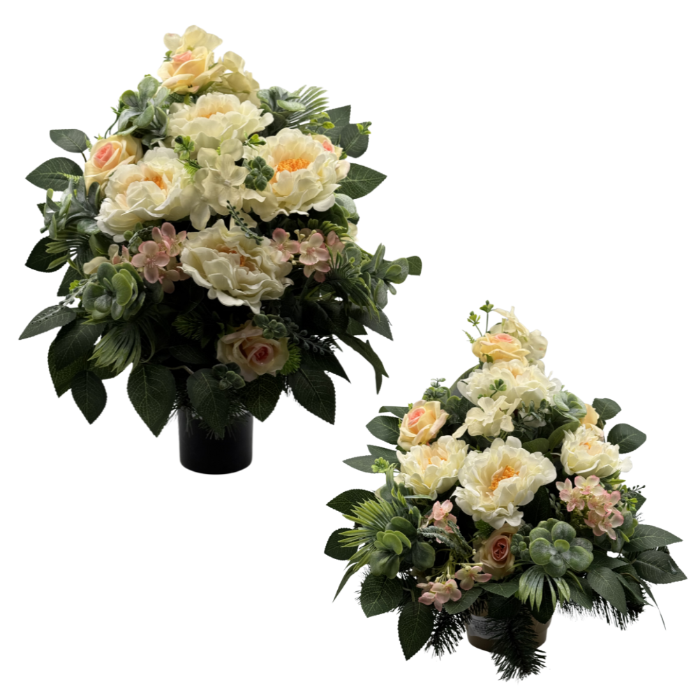 Komplet zestaw stroików Kremowych Stroik nagrobny z różami i piwoniami Kompozycja Misa + Wazon (2).png