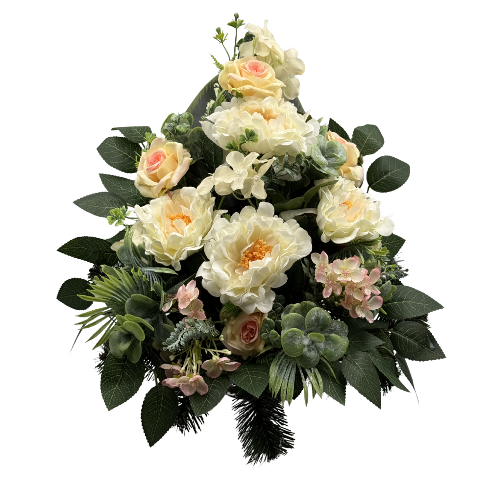 Komplet zestaw stroików Kremowych Stroik nagrobny z różami i piwoniami Kompozycja Misa + Wazon (9).png