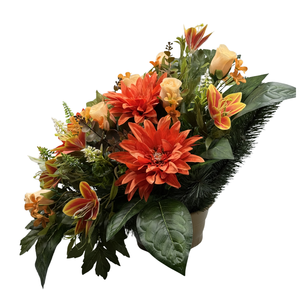 Komplet zestaw stroików Ciemno Pomarańczowe Stroik nagrobny z daliami i liliami Kompozycja Misa + Wazon (4).png
