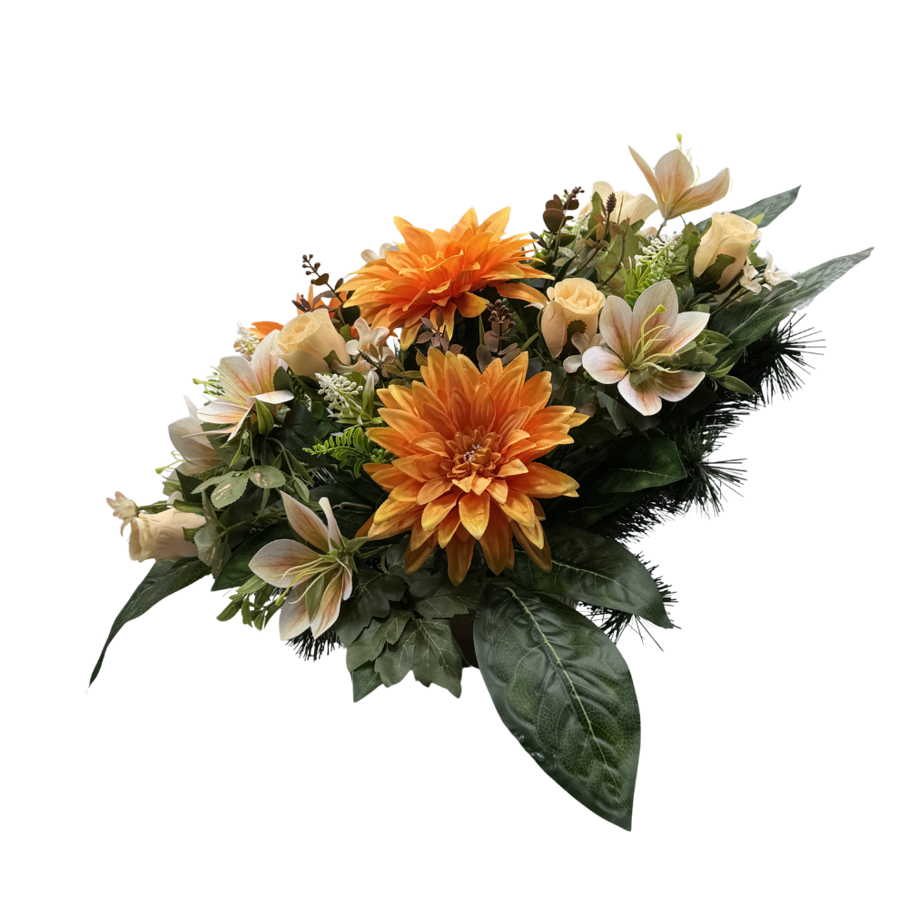 Komplet zestaw stroików Jasno Pomarańczowe Stroik nagrobny z daliami i liliami Kompozycja Misa + Wazon  (7).png