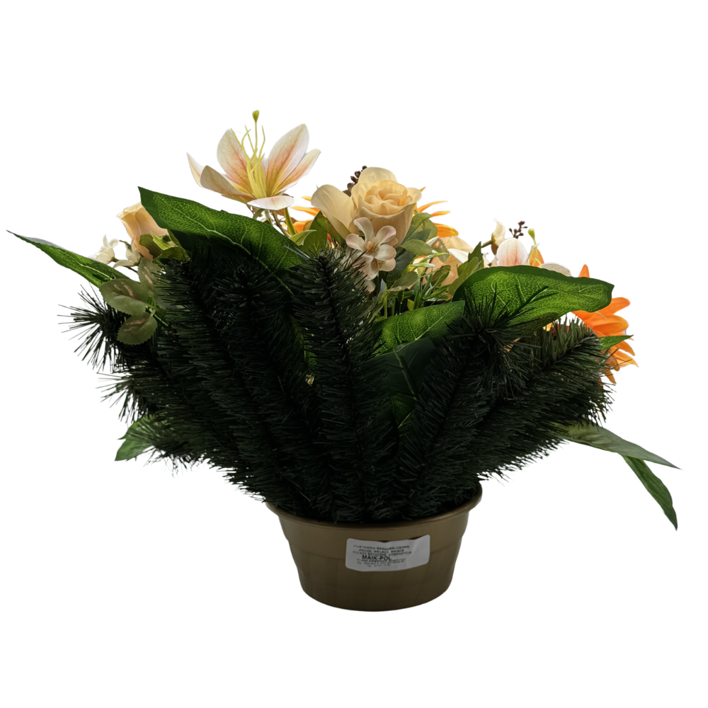 Komplet zestaw stroików Jasno Pomarańczowe Stroik nagrobny z daliami i liliami Kompozycja Misa + Wazon  (8).png