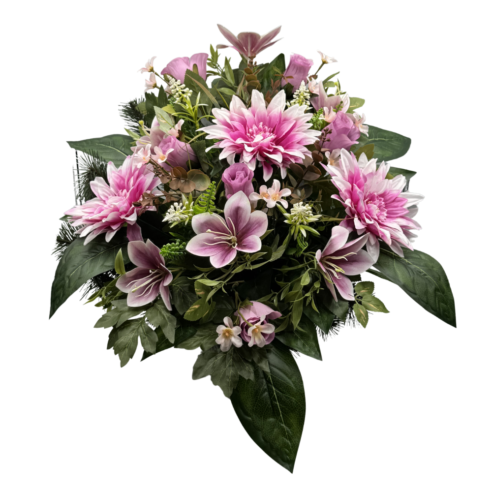 Komplet zestaw stroików Fioletowych Stroik nagrobny z daliami i liliami Kompozycja Misa + Wazon (7).png