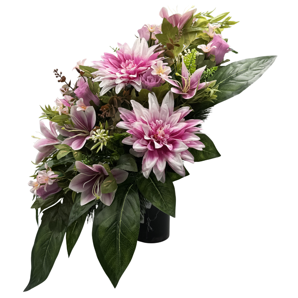Komplet zestaw stroików Fioletowych Stroik nagrobny z daliami i liliami Kompozycja Misa + Wazon (9).png