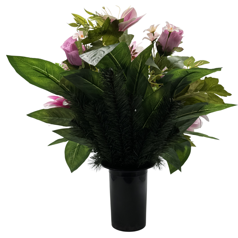 Komplet zestaw stroików Fioletowych Stroik nagrobny z daliami i liliami Kompozycja Misa + Wazon (10).png