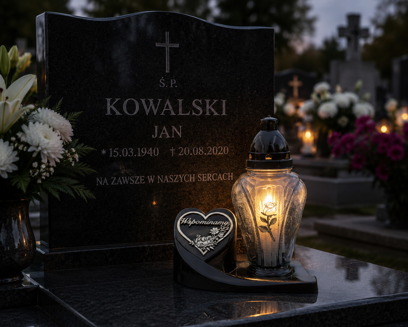 Znicz Nagrobny „Wspominamy” z Różą Elegancki Lampion z Wkładem.png