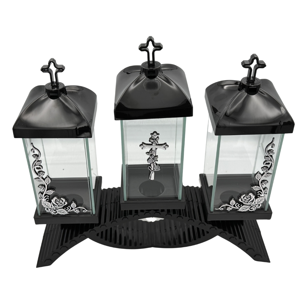 Znicz Kapliczka Nagrobna Potrójna z Krzyżem i Różami Elegancki Lampion Pamięci (5).jpg