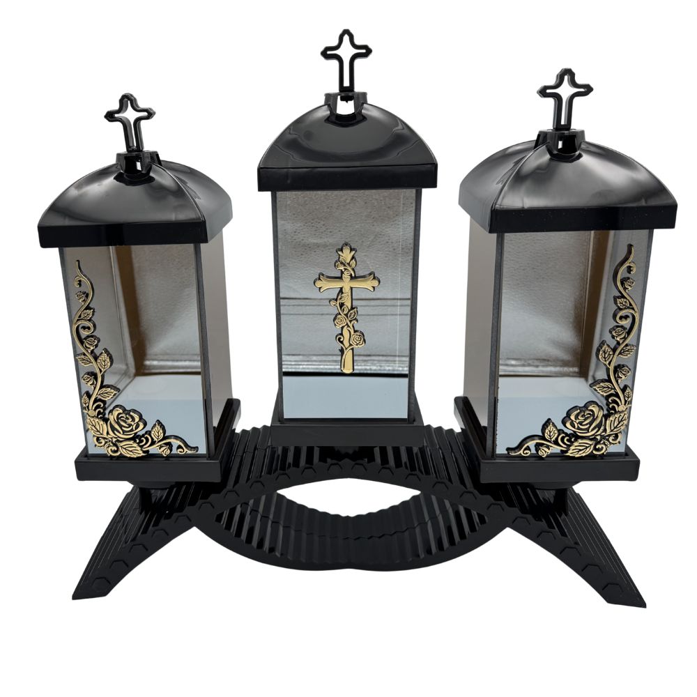 Znicz Kapliczka Nagrobna Potrójna z Krzyżem i Różami Elegancki Lampion Pamięci (1).jpg