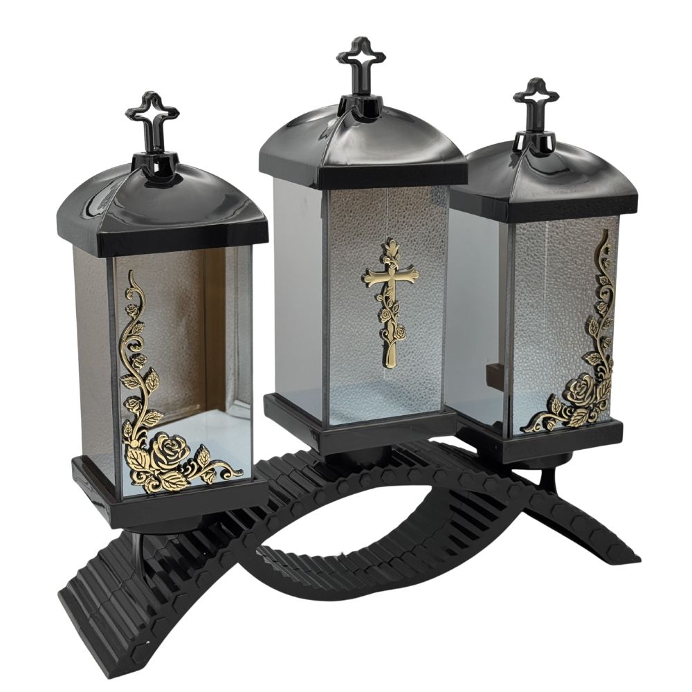Znicz Kapliczka Nagrobna Potrójna z Krzyżem i Różami Elegancki Lampion Pamięci (5).jpg