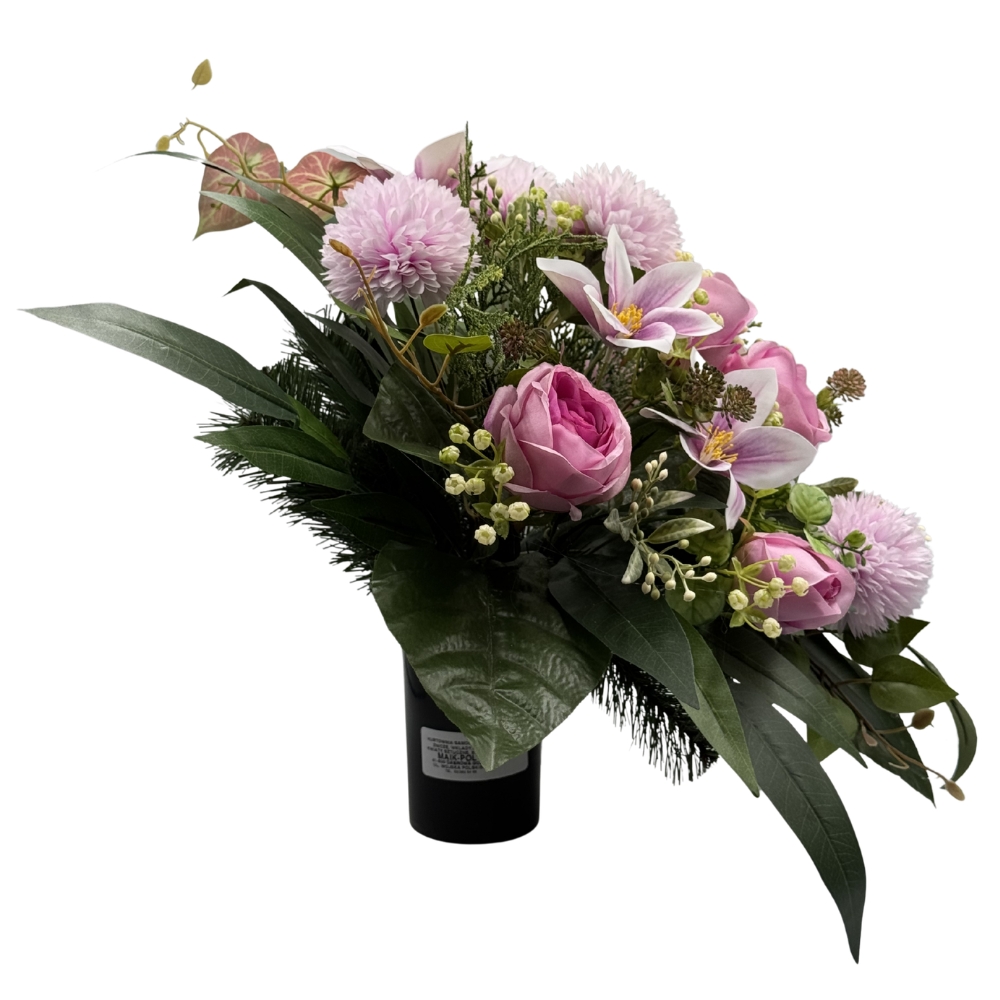 Kompozycja nagrobna do wazonu z różami, chryzantemami i magnolią Elegancka dekoracja na grób (3).jpg