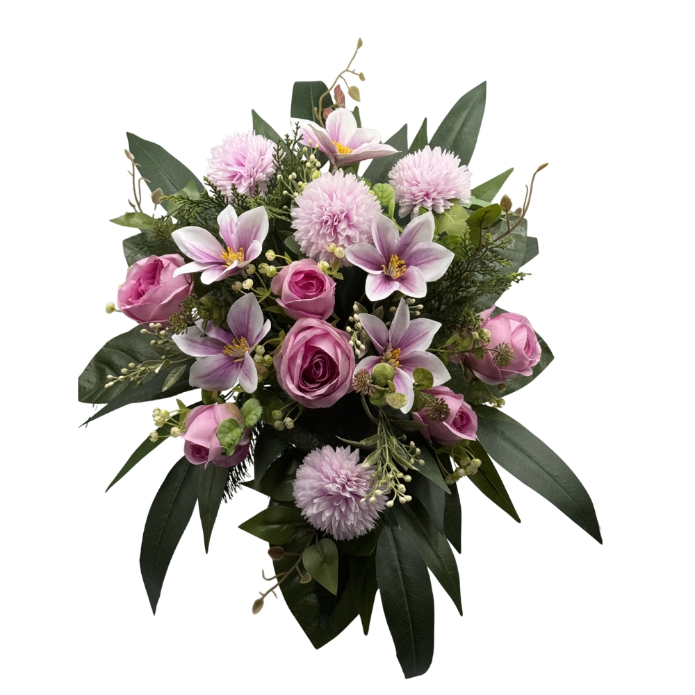 Kompozycja nagrobna do wazonu z różami, chryzantemami i magnolią Elegancka dekoracja na grób (5).jpg
