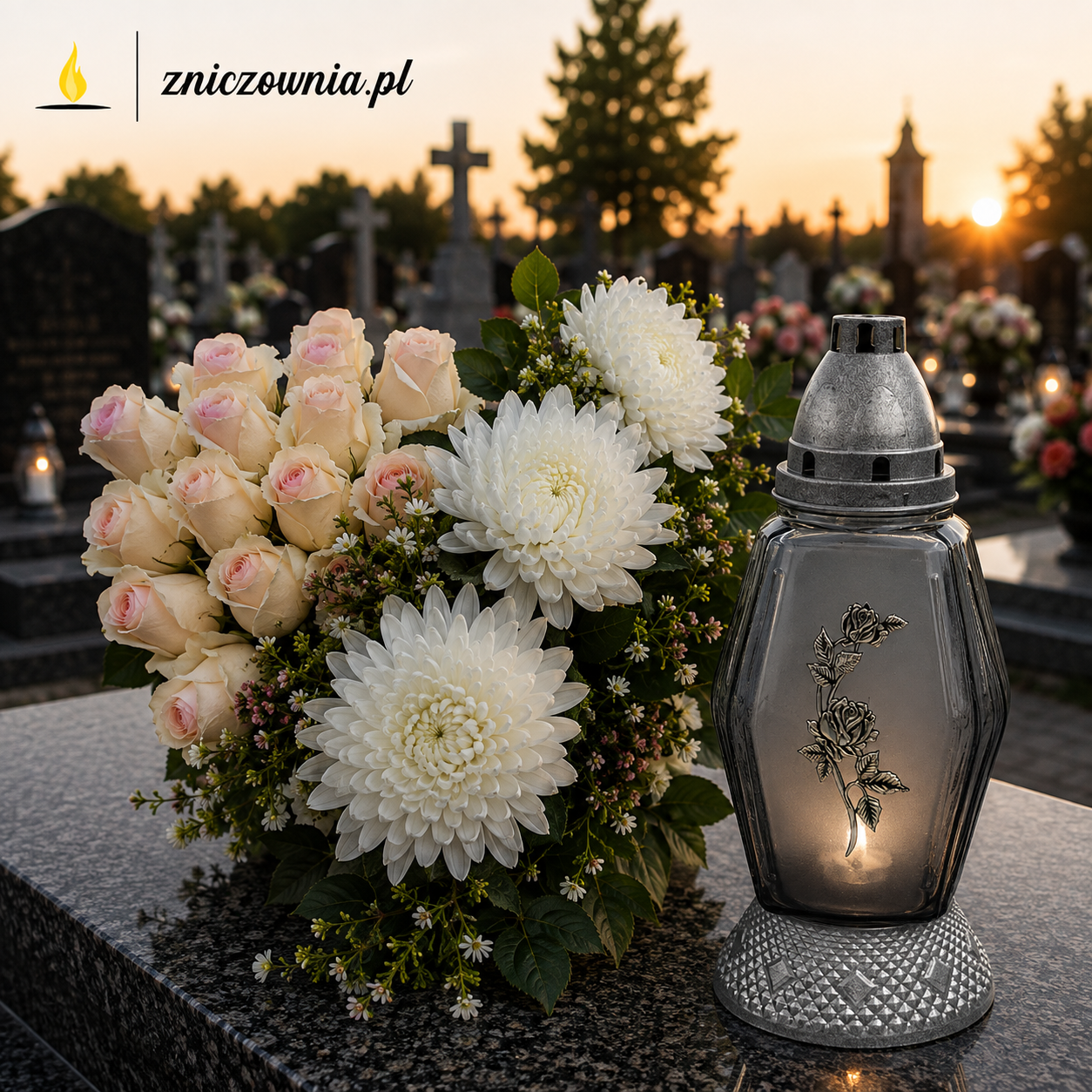 Znicz Szklany z Motywem Róży Elegancki z Wkładem Nagrobny Premium 32cm