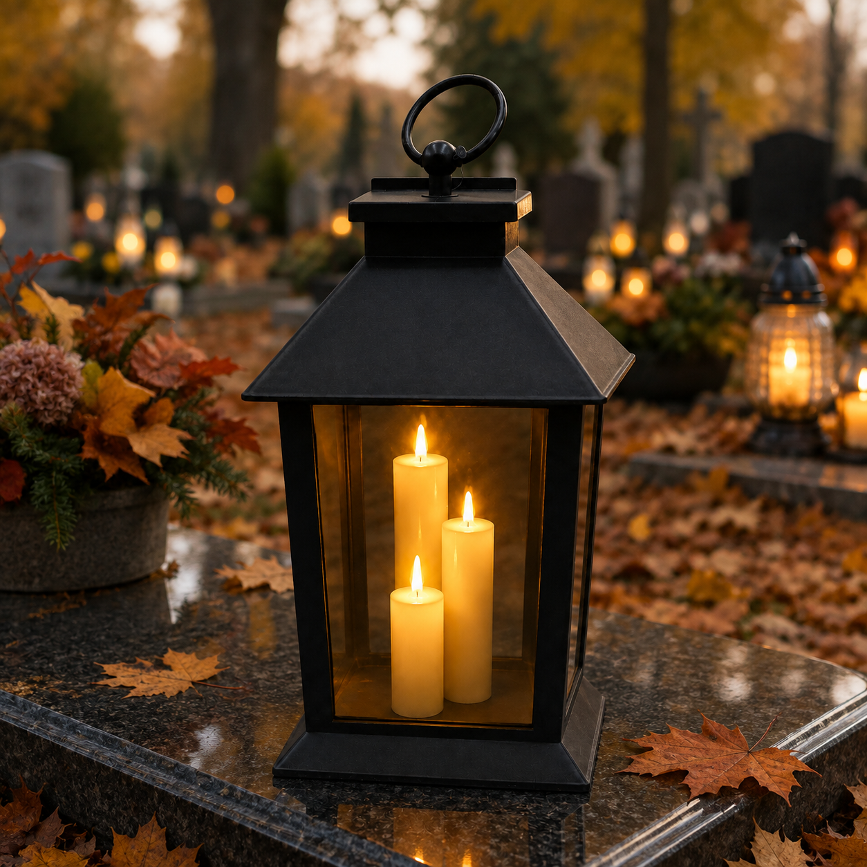 Lampion LED z trzema świecami PREMIUM – ciepłe światło, czarny